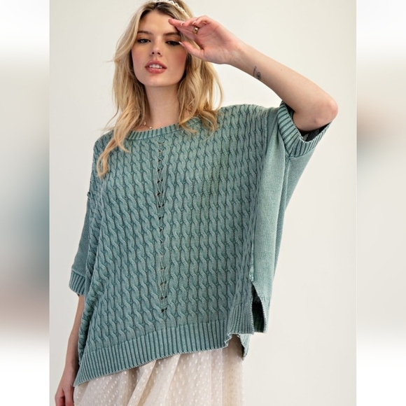 Easel Cable Knit Short Sleave Sweater Pullover New